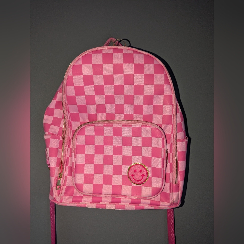 Neon pink checkered backpack 16x16x5